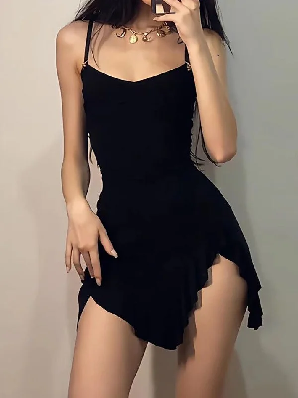 Ruffle Asymmetrical Ruched V-Neck Mini Dress Elegant Satin Mini Dress