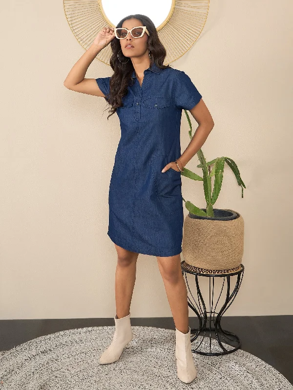 Blue Denim Mini Dress With Pockets Comfortable Linen Mini Dress