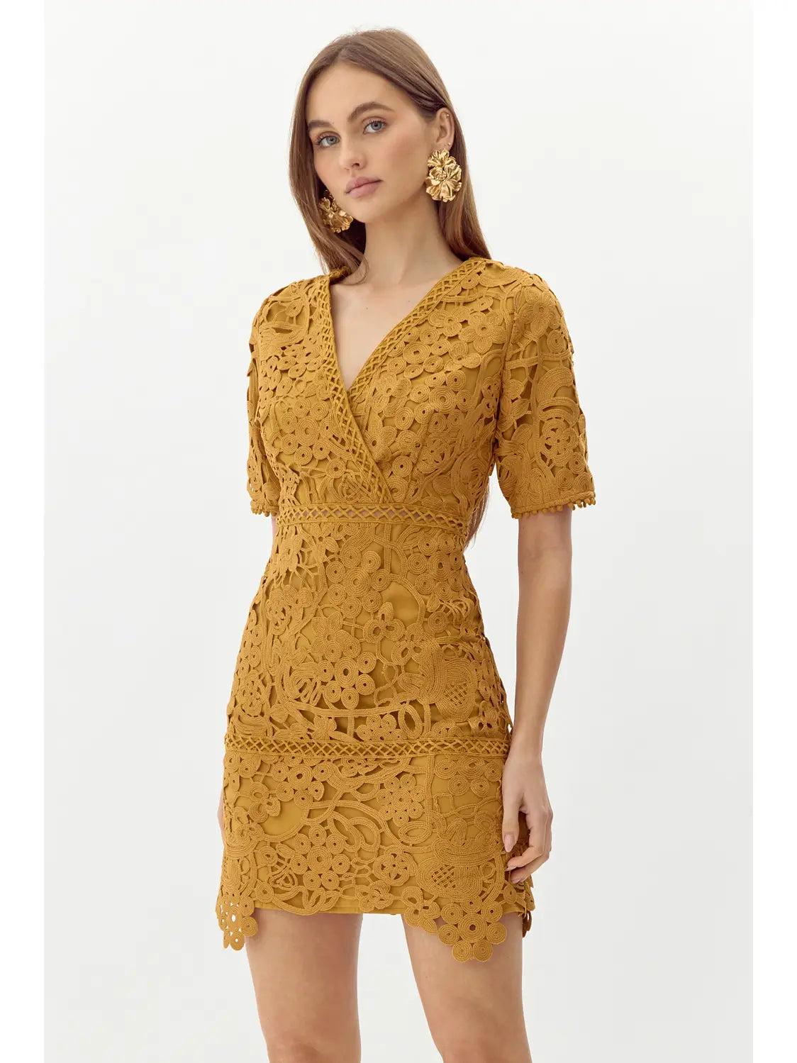 Tasha Scalloped Crochet Lace Mini Dress Cozy T-Shirt Mini Dress