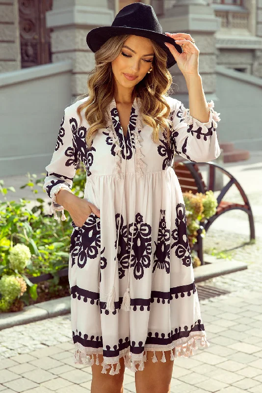 Western Pattern Tasseled Notch Mini Dress Trendy Tulle Mini Dress