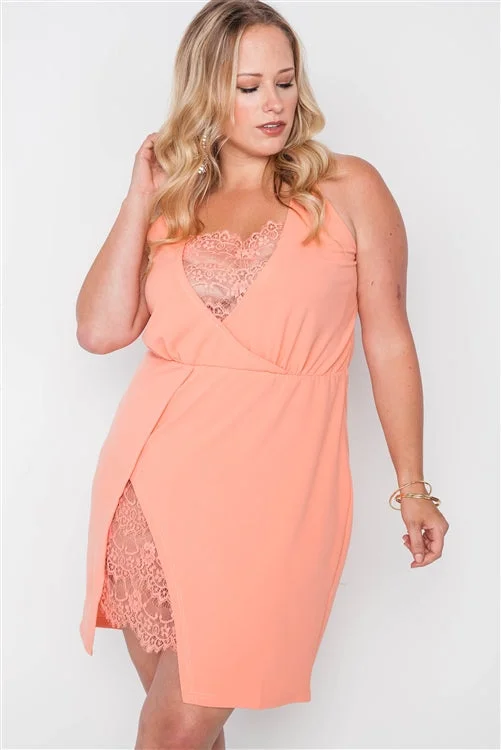 Plus Size Lace Detail Bodycon Mini Dress in Coral Stylish Button-Down Mini Dress
