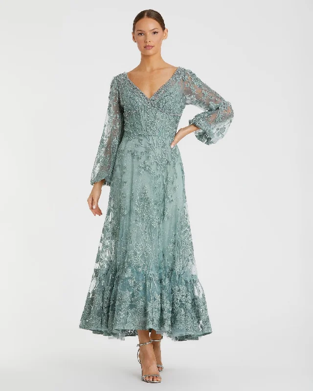 Blue V-Neck Mesh Puff Sleeve A Line Embellished Tea Length Dress