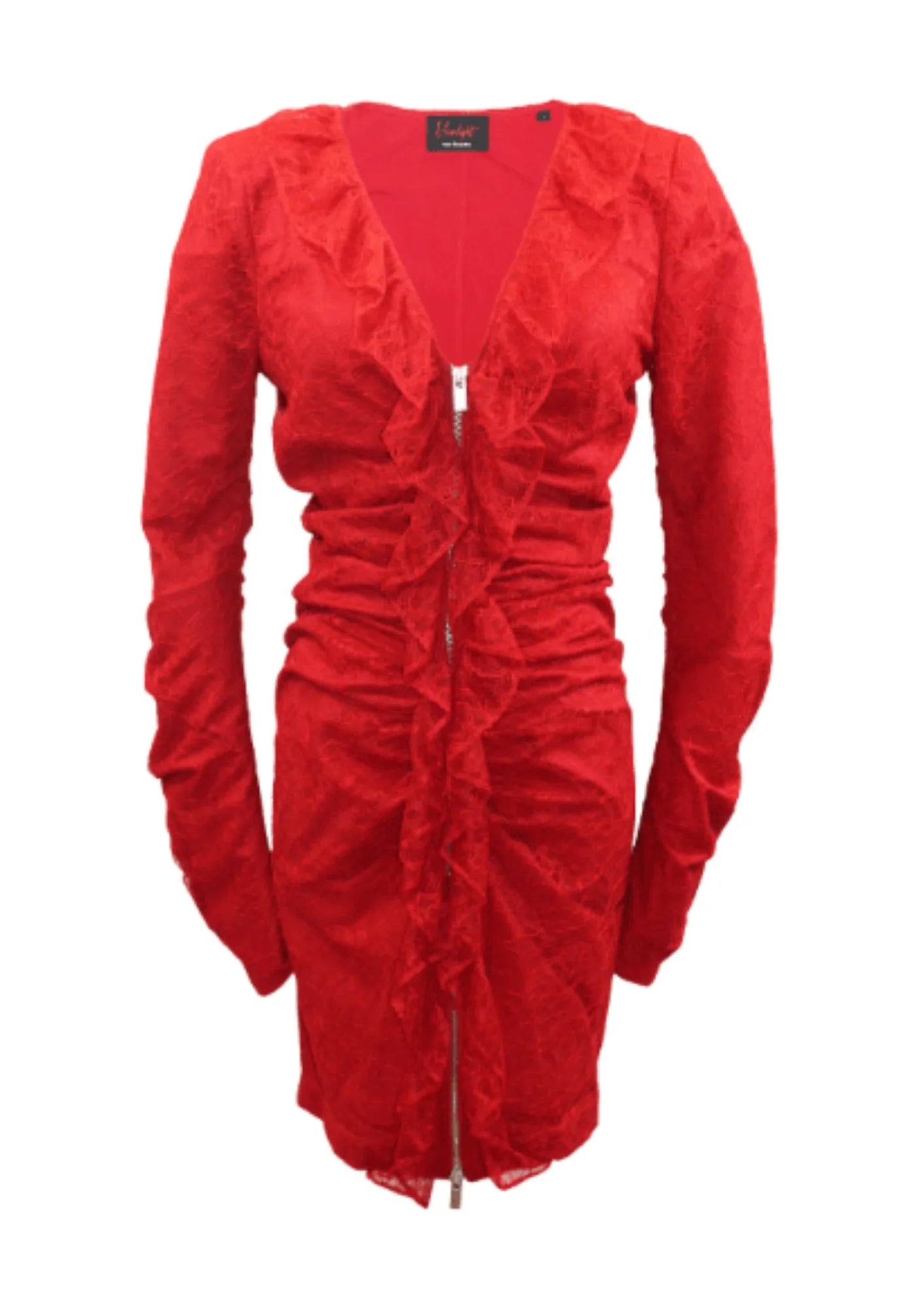 RED LACE DRESS WITH SILVER ZIP ON THE FRONT