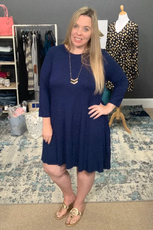 Navy 3/4 Sleeve Scoop Neck Swing Dress with Pockets