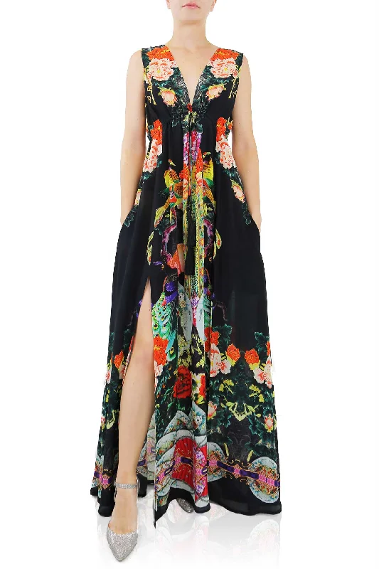 Black Japanese Print Long Dress
