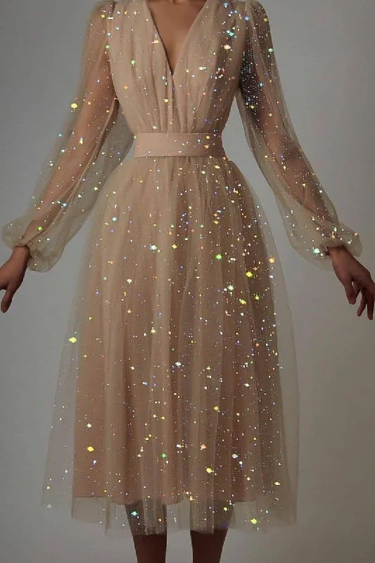 Elegant Bronzing Sequined V Neck Evening Dresses