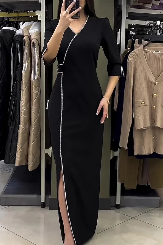 Elegant Solid Hot Drill V Neck Irregular Dresses