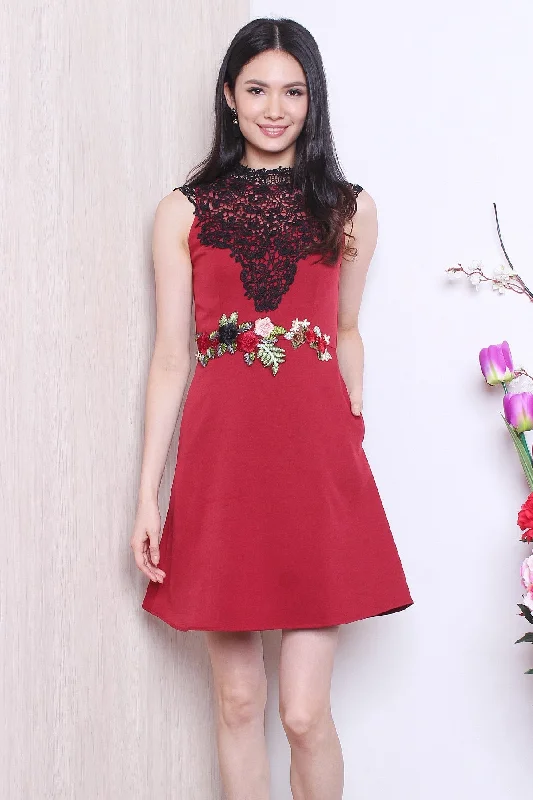 MADEBYNM LULA APPLIQUE EMBROIDERY CROCHET NECKLINE DRESS IN WINE RED
