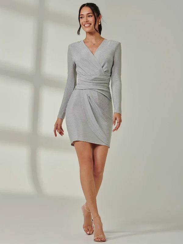 Metallic Draped Knee Length Dress, Silver