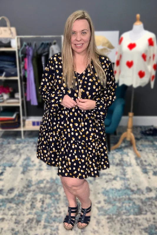 Dot to Dot Navy V-Neck Tiered Polka Dot Dress