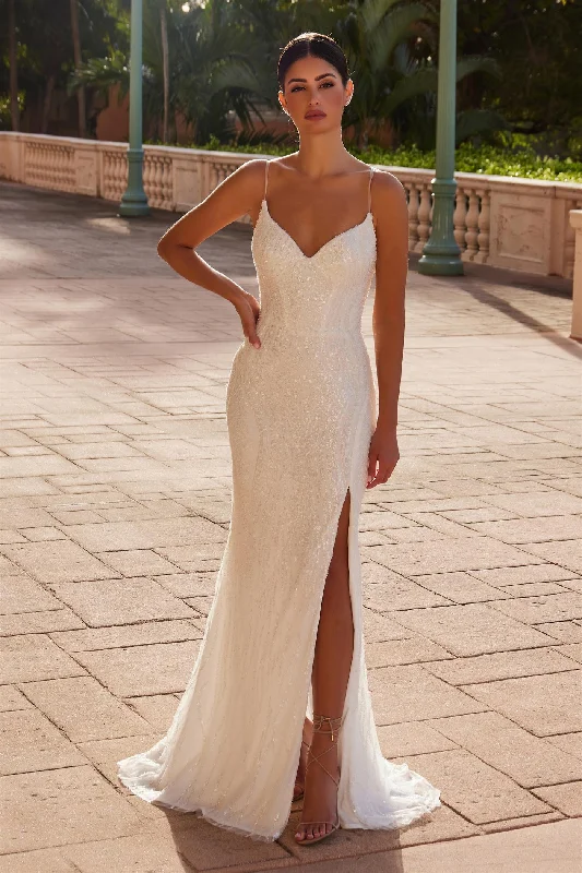 Nox Anabel -E1535W V-Neck Fully Beaded Sequin Bridal Dress