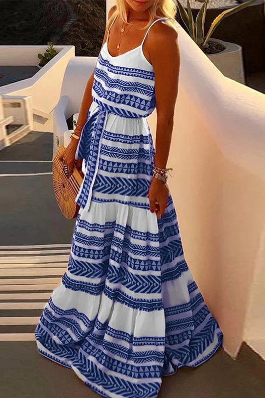 Women Sexy Print Frenulum V Neck Beach Dresses