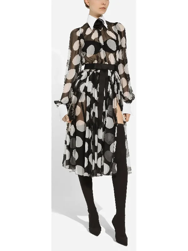 Polka-Dot Chiffon Calf-Length Dress with Piqué Details