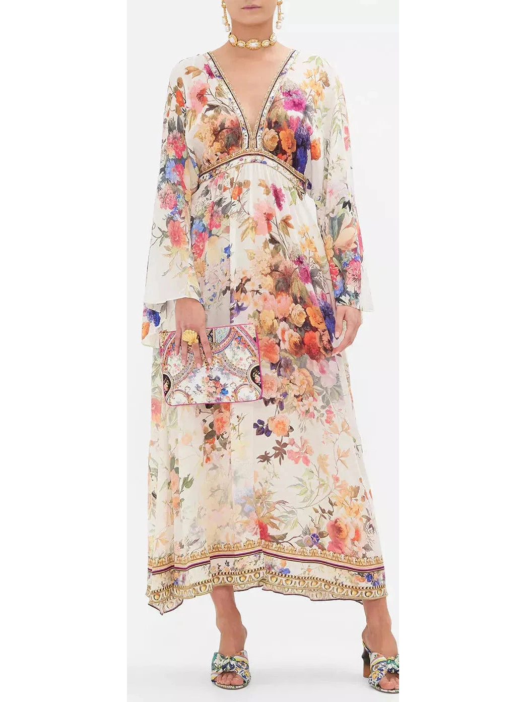 Printed Silk Gathered Kimono Dress