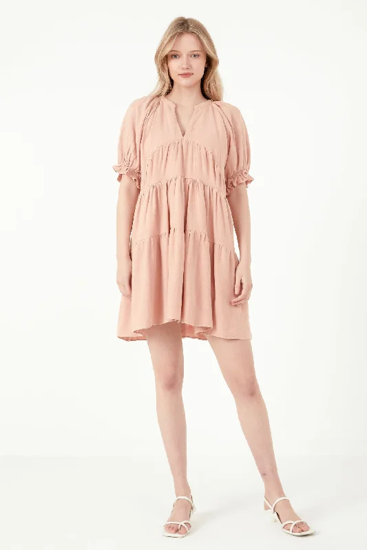 Free The Roses -  Solid Tiered Dress With Ruffled Sleeves