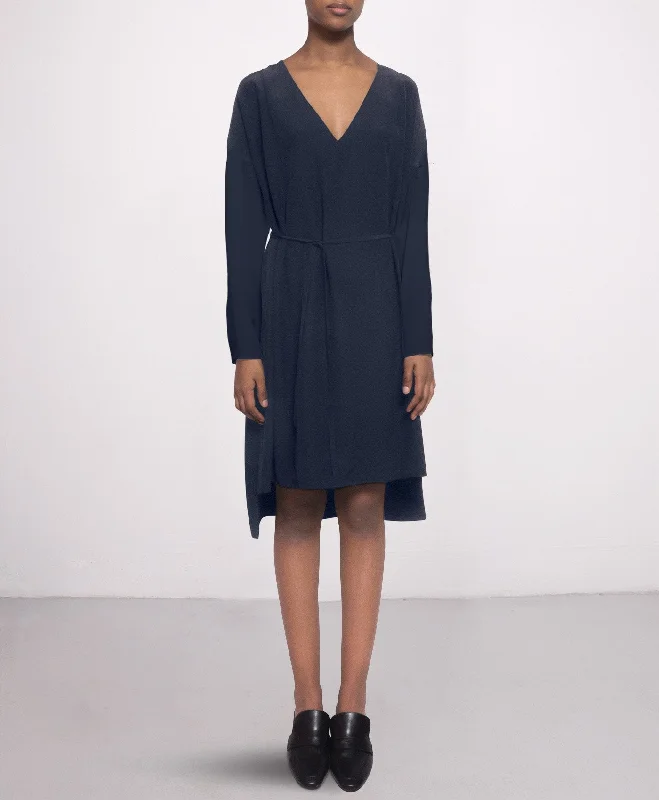 Day Knee-length LS Silk Dress Navy