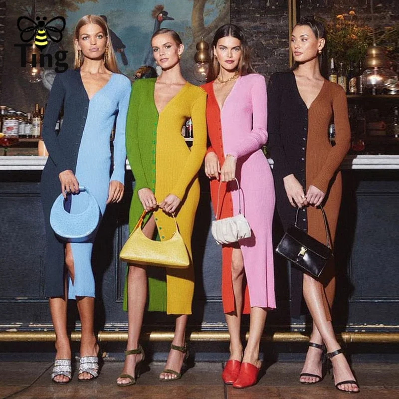 Tingfly Designer Color Block Single Breasted Knitted Midi Long Dress V Neck Spring Autumn Knitwear Party Dresses Robe Za