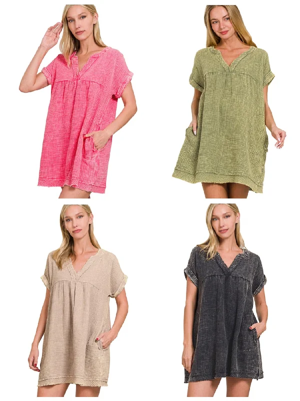 WASHED DOUBLE GAUZE RAW EDGE V-NECK DRESS - ASSORTED COLORS