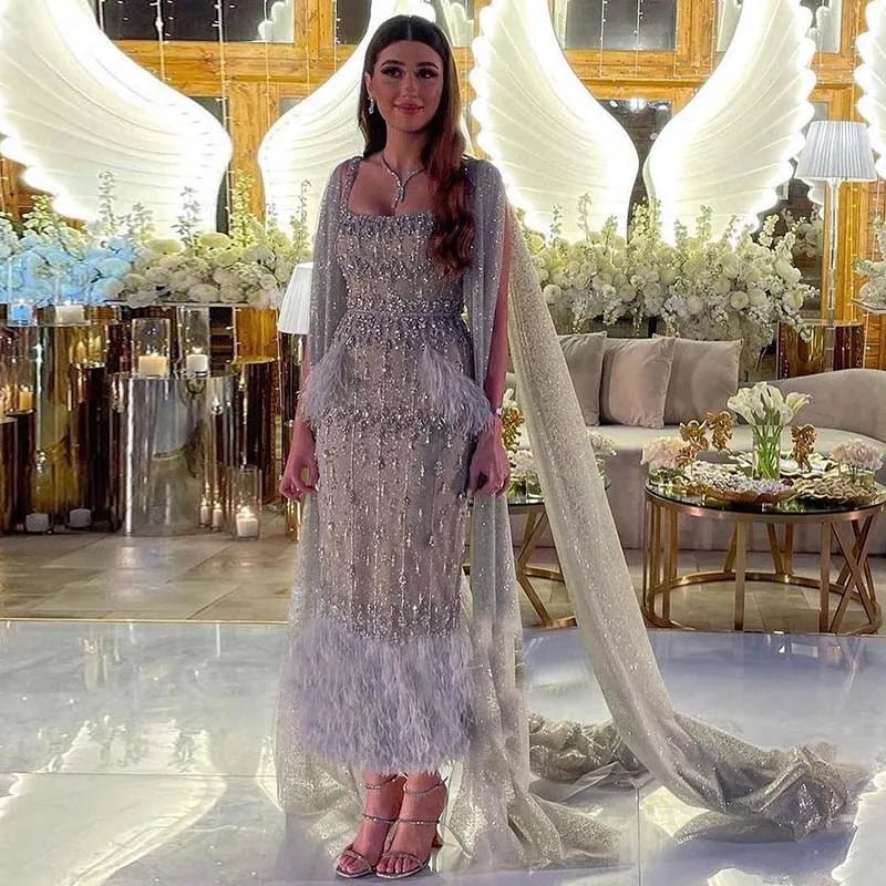 Gray Mermaid Arabic Evening Dress with Cape - Luxurious Feather Cape & Elegant Design - Women Wedding Party Dress
