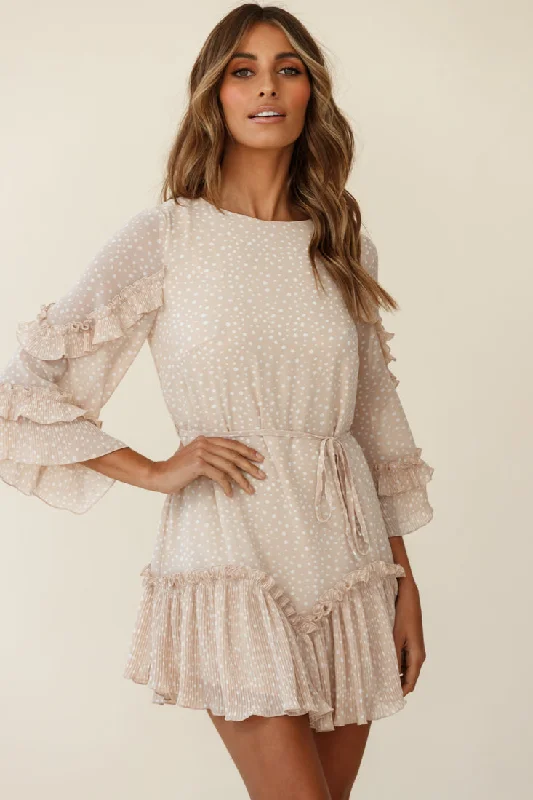 Yours Sincerely Three-Quarter Sleeve Accordion Pleat Dress Spot Print Nude