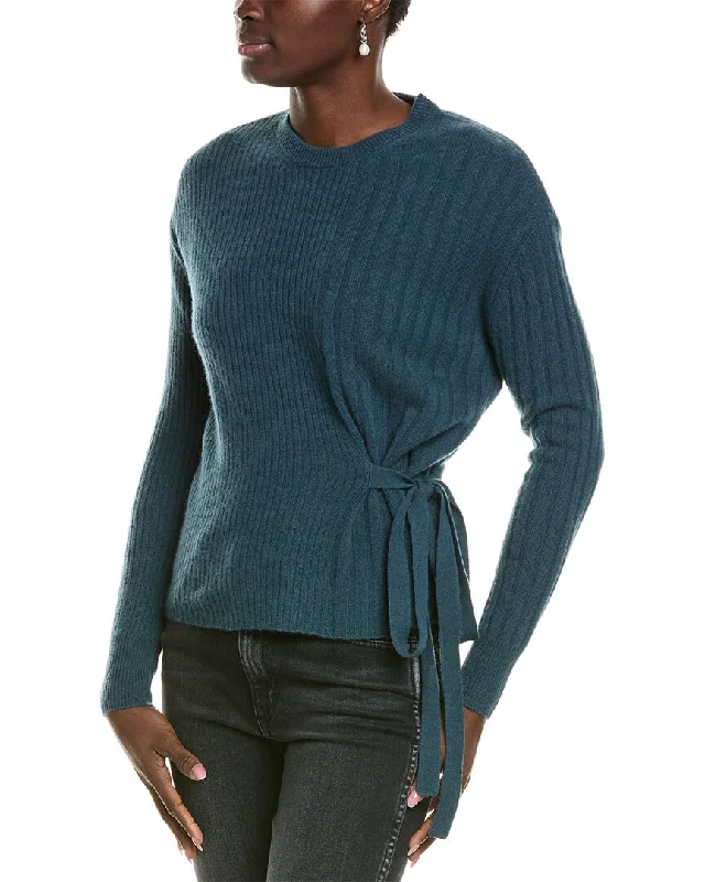 27 Miles Malibu womens  Allover Rib Gathered Side Tie Cashmere Sweater, s, Blue Solid Color Striped Floral Print