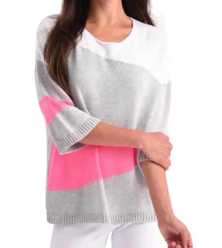 Abstract 3/4 Sleeve Sweater In Gray Multi Ribbed Striped Patterned