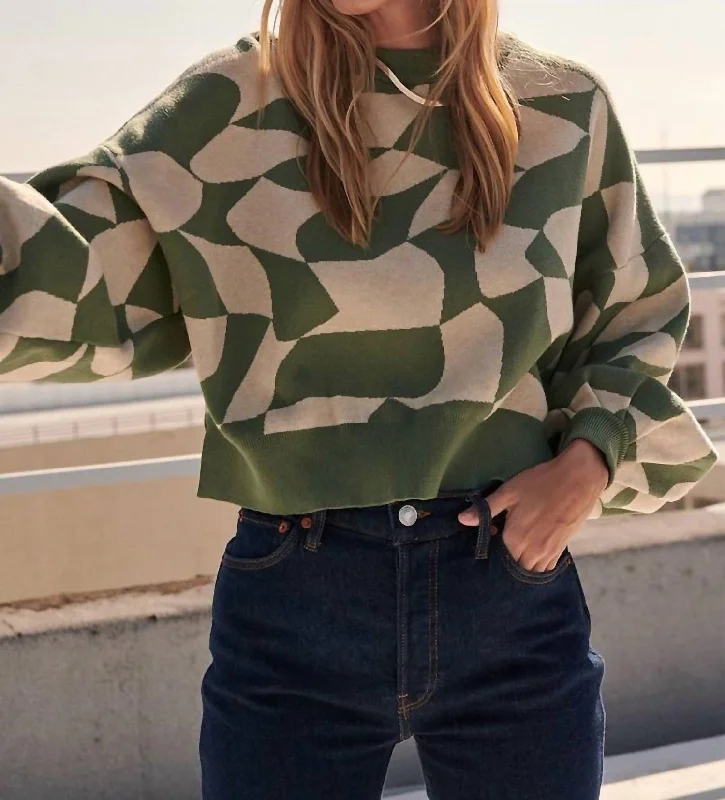 Abstract-Pattern Knit Sweater In Green/beige Abstract Boxy Sweater Fitted Sweater A-Line