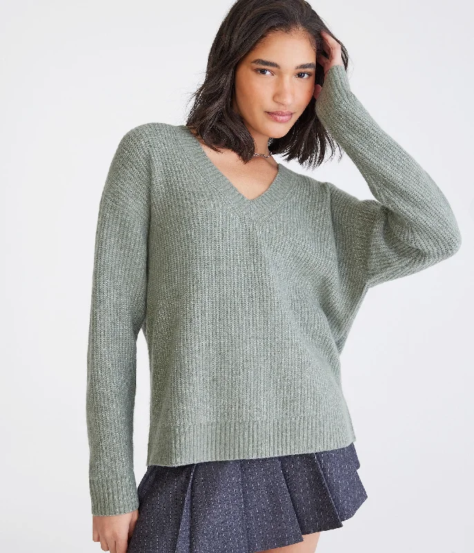 Aeropostale Shaker Knit V-Neck Sweater Glossy Satin Silk