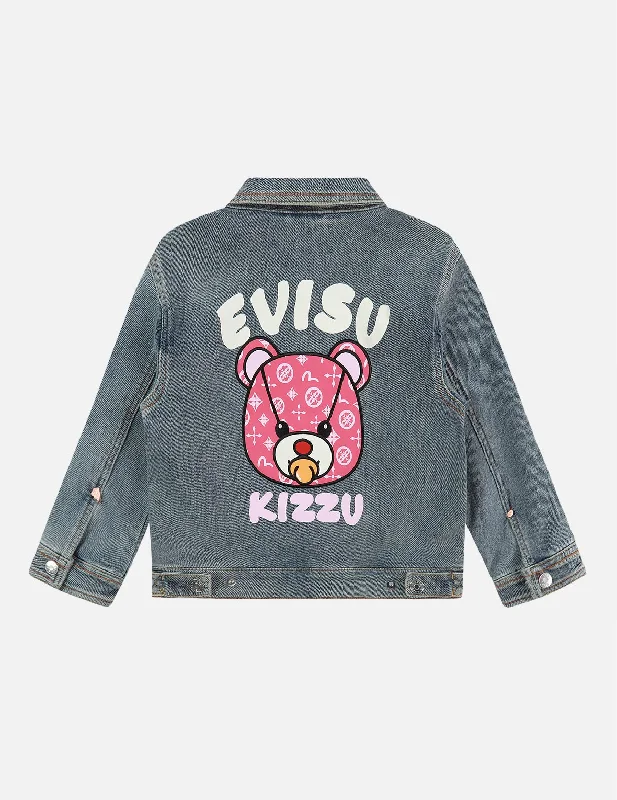 Bear Patched Denim Jacket Notch Collar Peter Pan Collar Cowl Neck