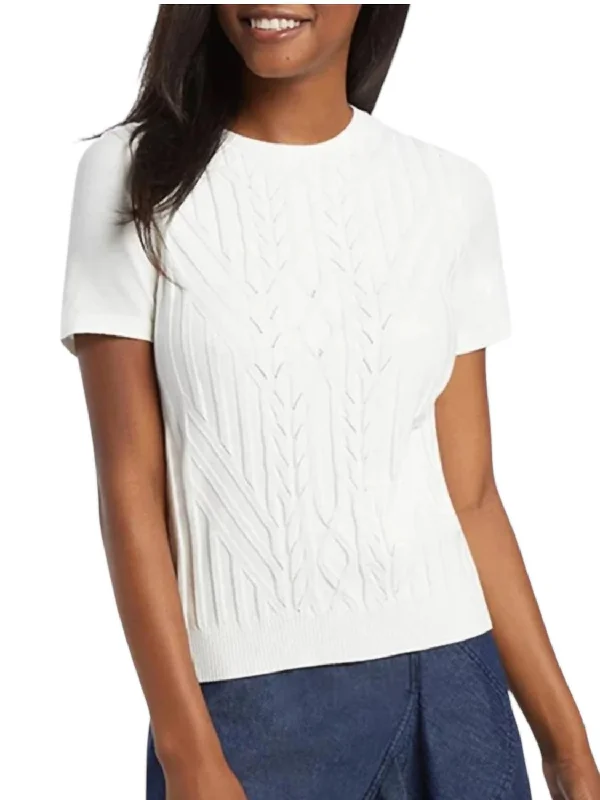 Cable Knit Short Sleeve Sweater In Willow White Mesh Sweater Canvas Denim
