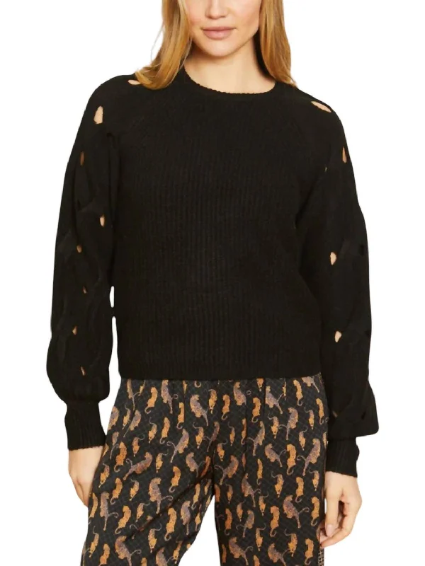 Camille Cable Knit Sleeve Sweater In Black Silk Blend Satin Velvet