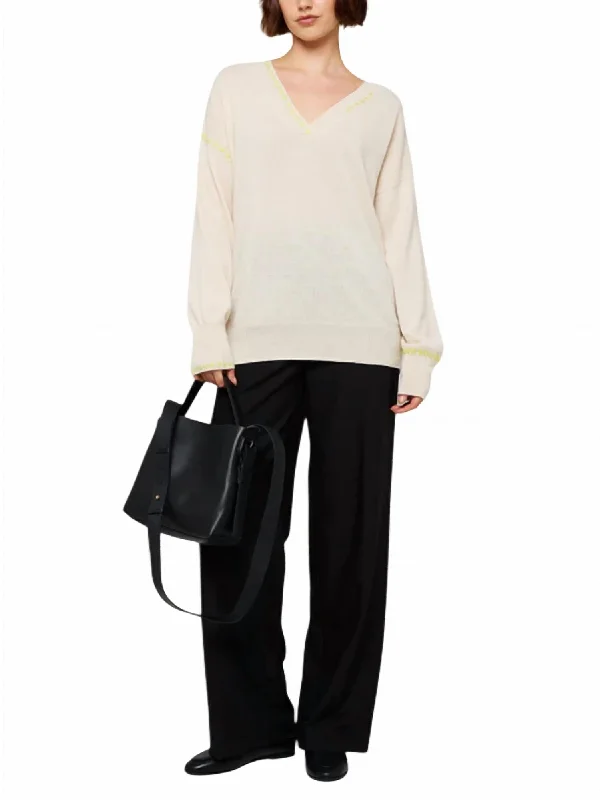 Cross Stitch V-Neck Sweater In Antique White Handmade Hand-knitted Hand-woven