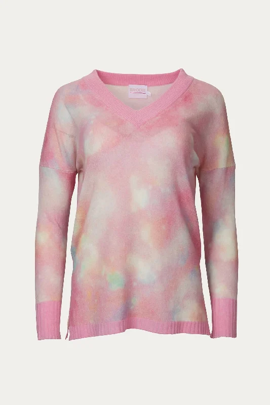 Daydream Harriet V-Neck Sweater In Pink Mix Print Velvet Chenille Corduroy