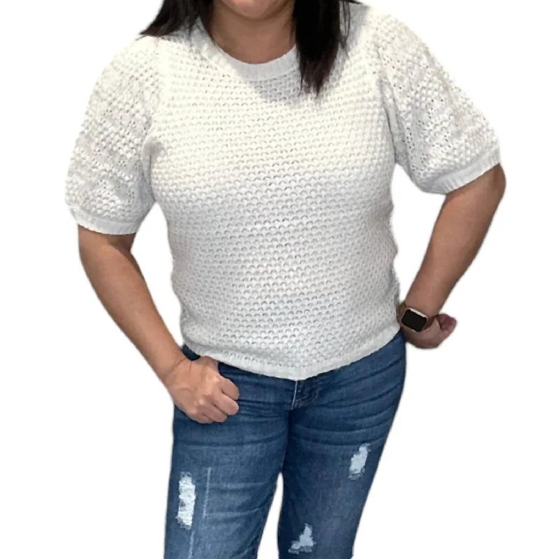 Doc Short Puff Sleeve Knit Sweater In White Slim Fit Regular Fit Oversized