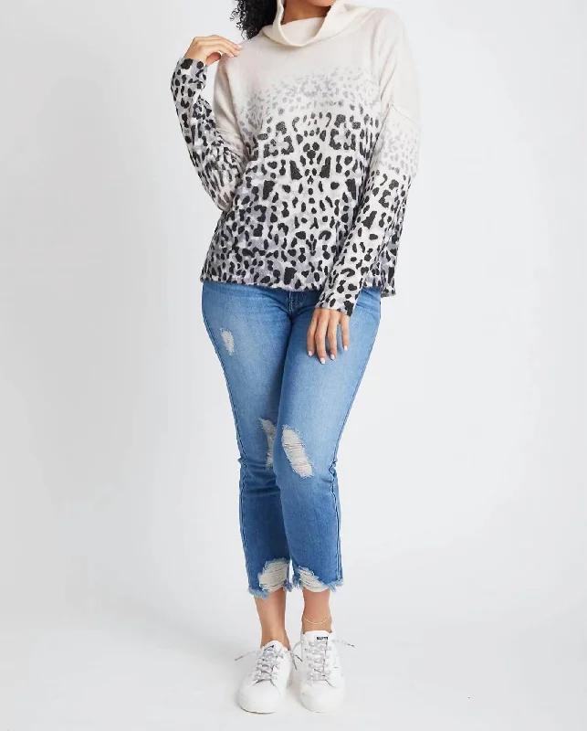 Faded Leopard Cowl Neck Sweater In Ivory/charcoal Zippered Front Buttoned Front Snap Front