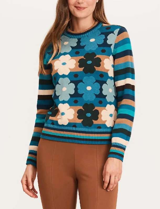 Floral Stripe Crew Sweater In Multi Stretchy Elastic Breathable