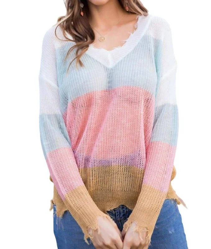 Frayed Light Weight Sweater In Multi Toggled Drawstring Belted