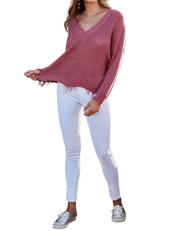 Frayed Sweater In Ash Rose Herringbone Houndstooth Plaid