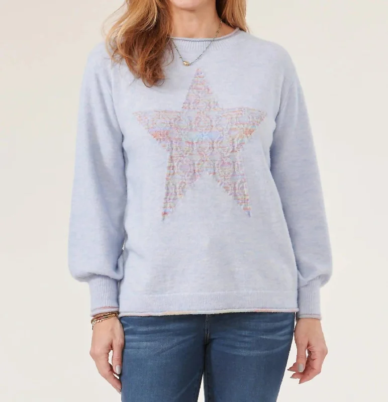 High Round Neck Space Dye Star Sweater In Blue Print Jacquard Patchwork