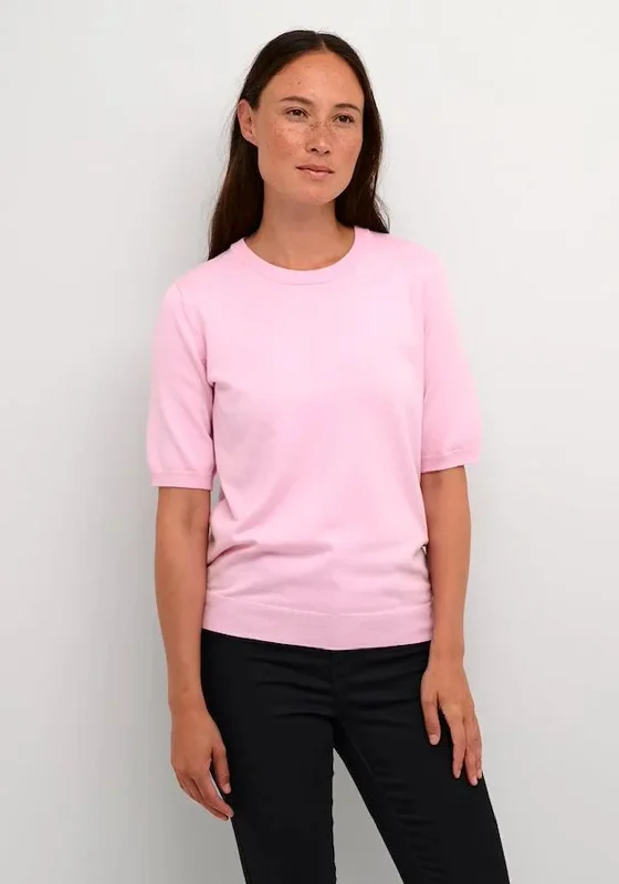 KAFFE Kalizza Short Sleeve Knit Sweater, Pink Mist Solid Print Embellished