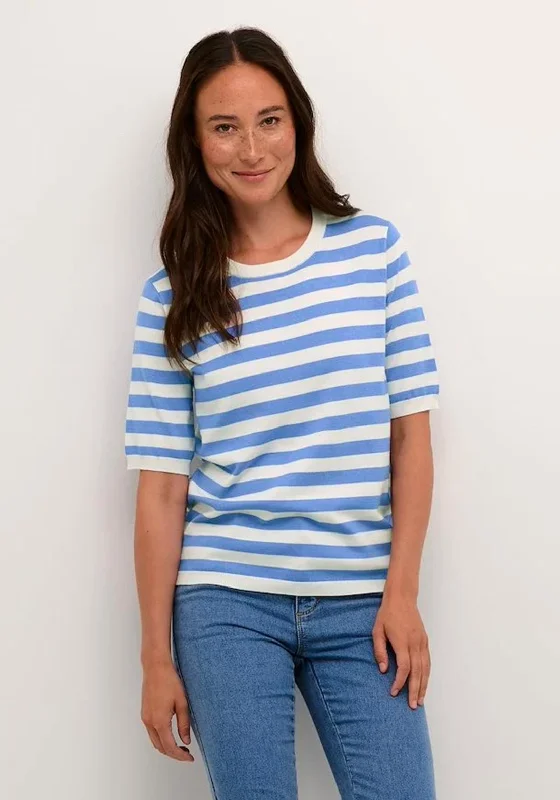 KAFFE Kalizza Stripe Short Sleeve Knit Sweater, Ultramarine Graphic Sweater Embroidered Appliqued
