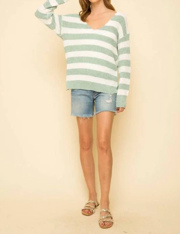 Knotted Back Stripe Sweater In Mint Collared Crew Neck Turtle Neck