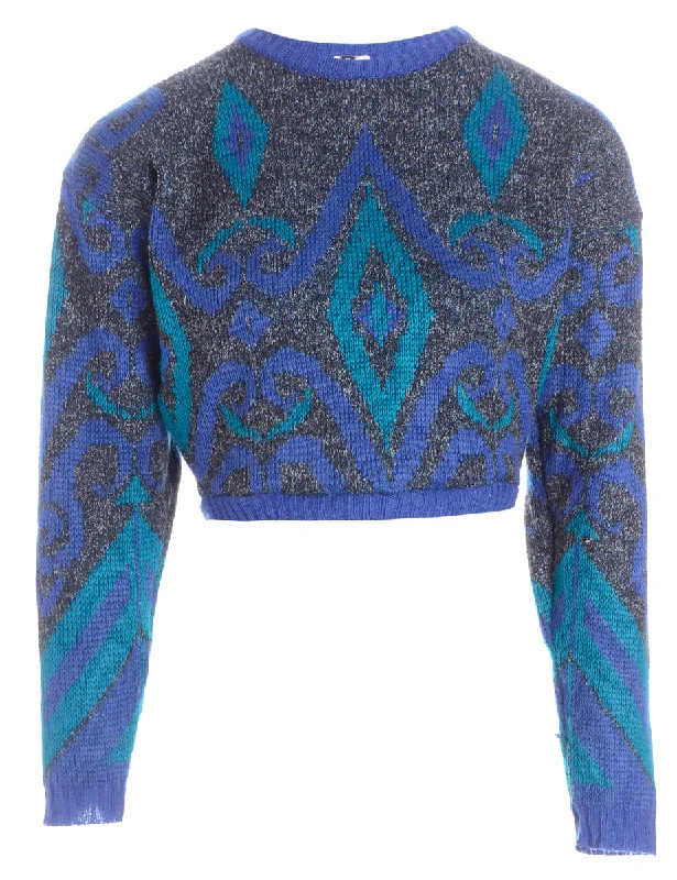 Label Cropped 80s Graphic Pattern Jumper Soft Cozy Warm