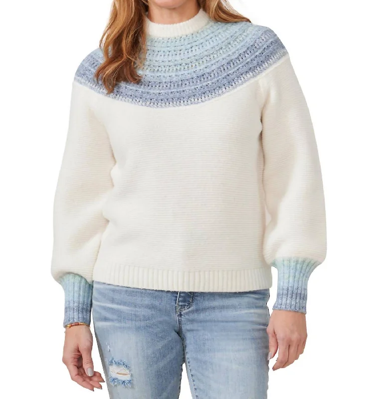Long Blouson Sleeve High Round Neck Top Sweater In White Elasticated Padded Insulated