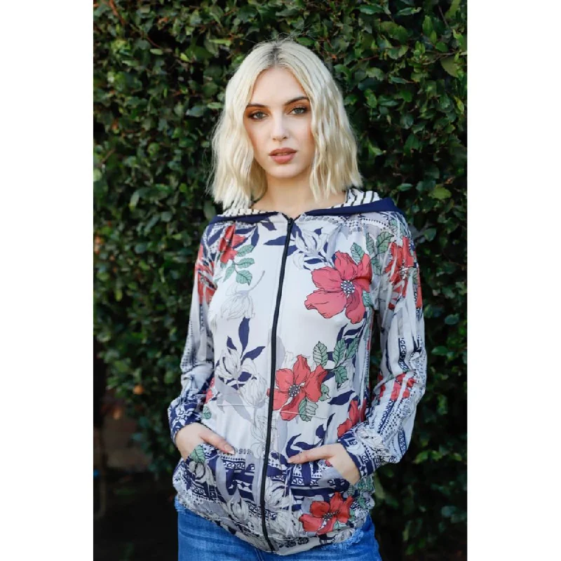 Navy Rust Flower Print Zip-up Contrast Striped Hood Sweater Elegant Classic Vintage