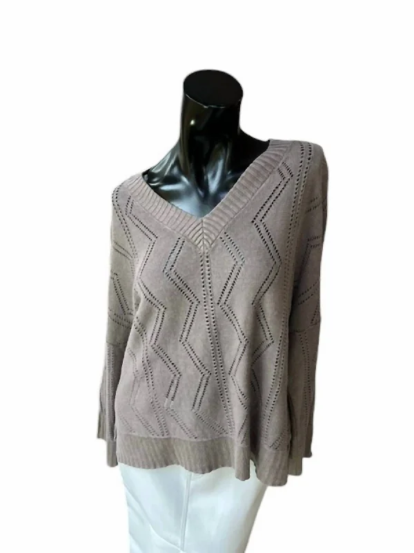 Open Work V Sweater In Cafe Turtle Neck Boat Neck Asymmetrical Neck