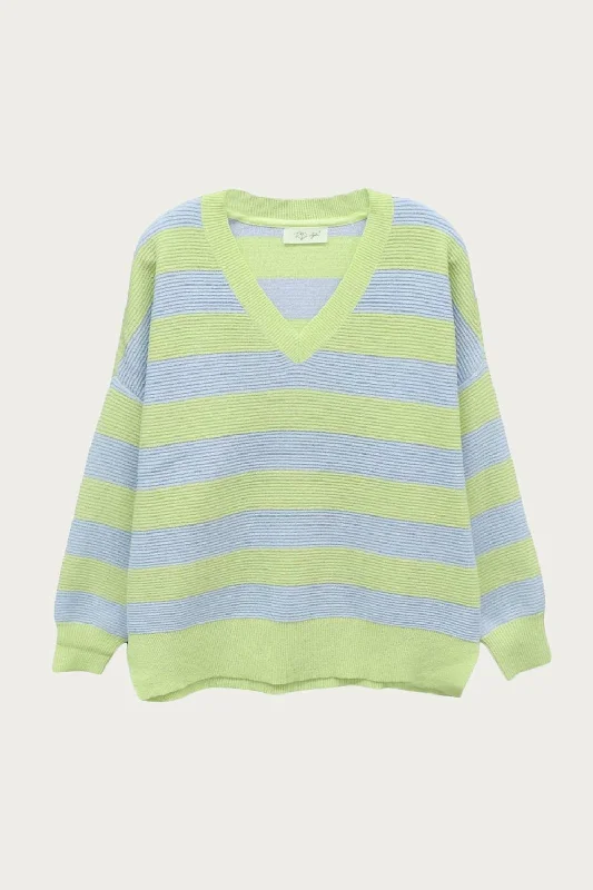 Oversized Ottoman Rugby Striped Sweater In Green/lavender Thin Thick Dense