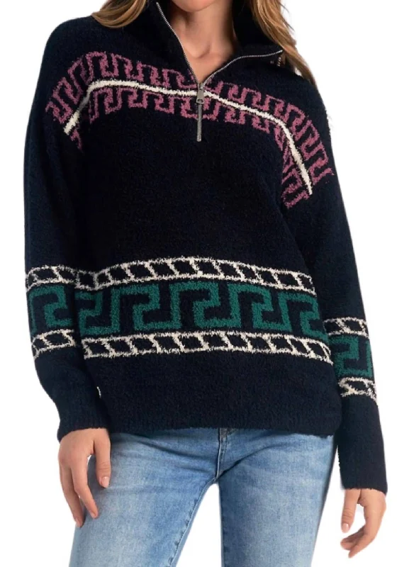 Pullover Half Zip Collar Sweater In Black Multi Iron Safe Non-Iron Wrinkle Free