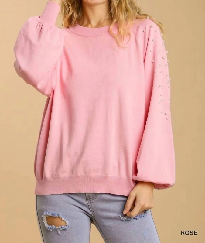 Round Neck Pullover Sweater In Rose Handmade Hand-knitted Hand-woven