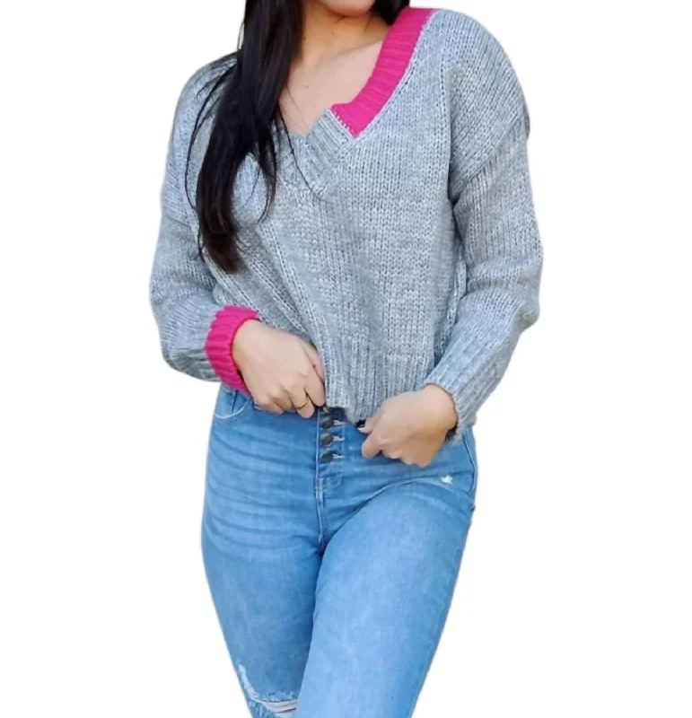 Ryleigh Sweater In Grey/pink Print Jacquard Patchwork